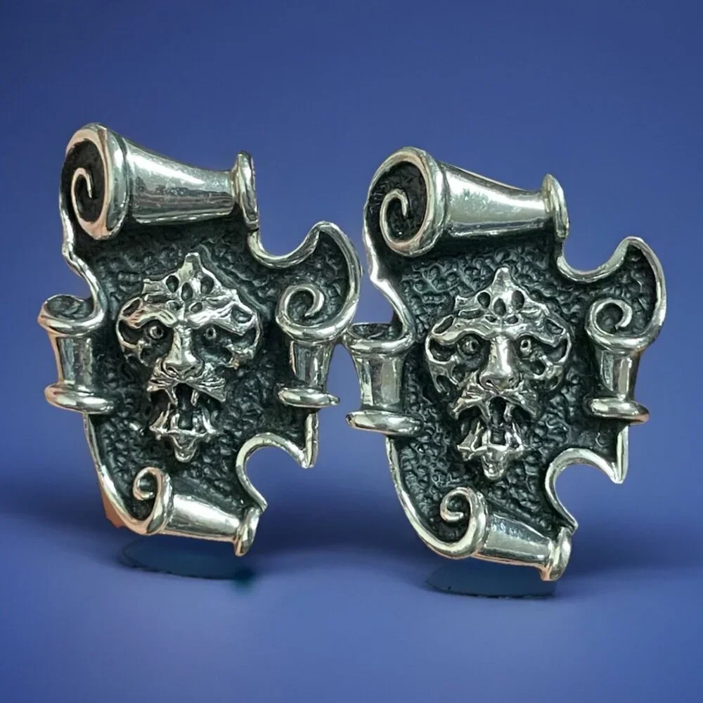 Vintage Signed Swank Lions Head Scroll Trim Cufflinks Black Silver Cuff Links